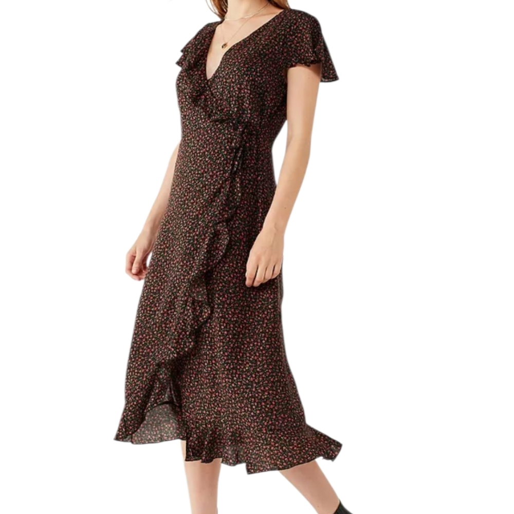 Kimchi Blue Floral Midi Wrap Dress with Ruffles